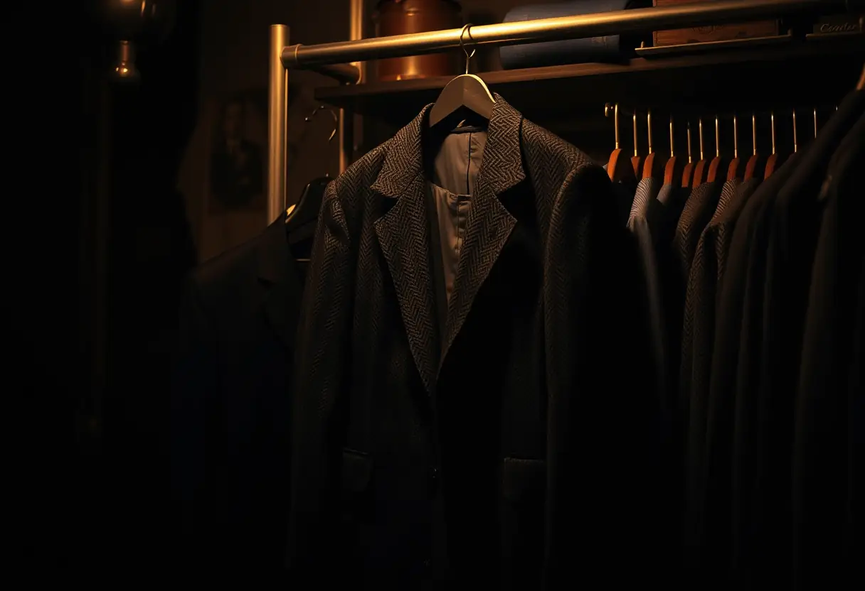 Dans un coin sombre d'une boutique de vêtements vintage, un costume en tweed noir pend soigneusement sur un porte-robe, évoquant une ère classique