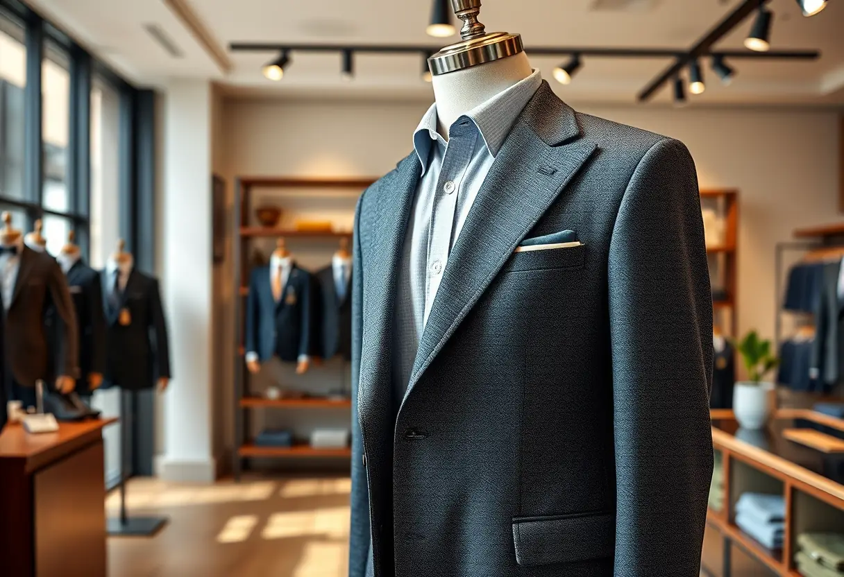 Un mannequin portant un costume en laine merino dans un showroom
