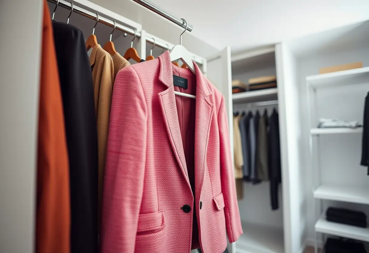 Blazer rose en tweed dans un placard