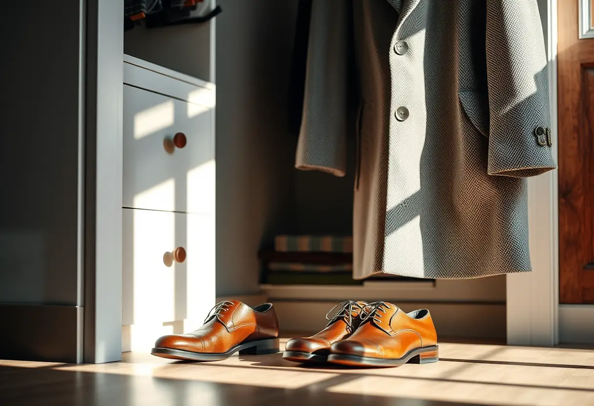 Un manteau tweed et des chaussures de ville dans un dressing bien éclairé