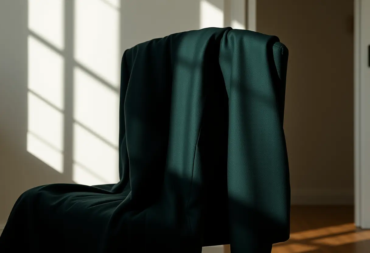 Un costume vert foncé posé sur une chaise