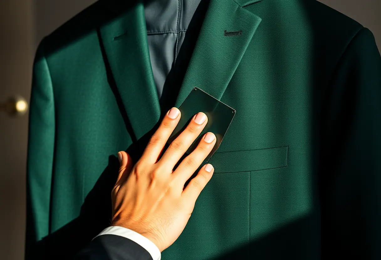 Une main ajustant un costume suspendu, la lumière naturelle soulignant la nuance verte profonde