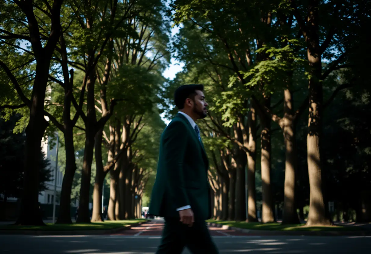 Une silhouette floue d'une personne vêtue d'un costume vert marche sous un alignement d'arbres aux feuilles ombrageuses