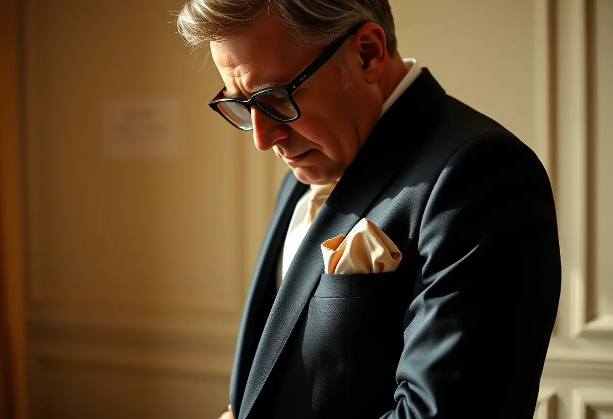 Un gentleman ajuste ses lunettes avec un mouchoir en soie pour lisser les rides de son costume