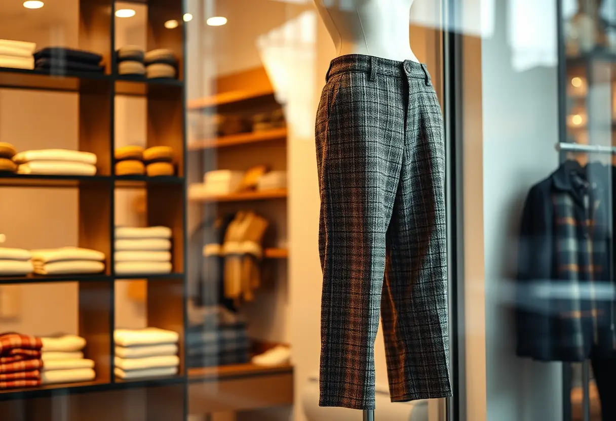 Des pantalons en tweed exposés dans la vitrine d'un magasin, mettant en valeur leur texture rustique et leurs couleurs riches