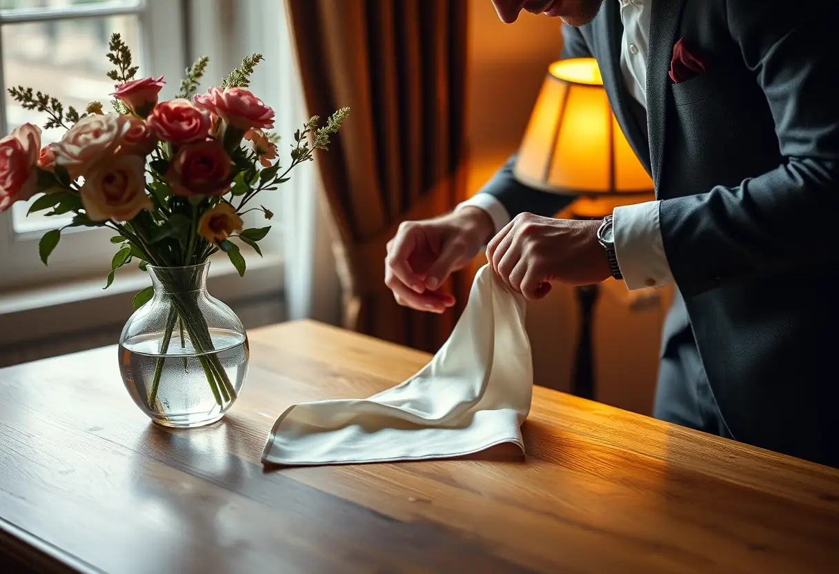 Un homme repasse un mouchoir en soie sur une table en bois près d'un vase de fleurs, lumière tamisée